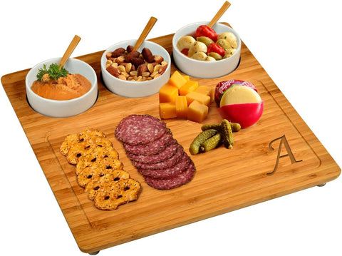 Image of Original Personalized Monogrammed Engraved Bamboo Cutting Board for Cheese & Charcuterie with 3 Ceramic Bowls & Bamboo Spoons- Designed & Quality Checked in the USA