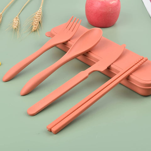 Image of Reusable Utensils Set with Case, 4 Sets Wheat Straw Travel Cutlery Set, Portable Spoon Knife Fork Chopsticks Lunch Box Utensil Set for Kids Adults