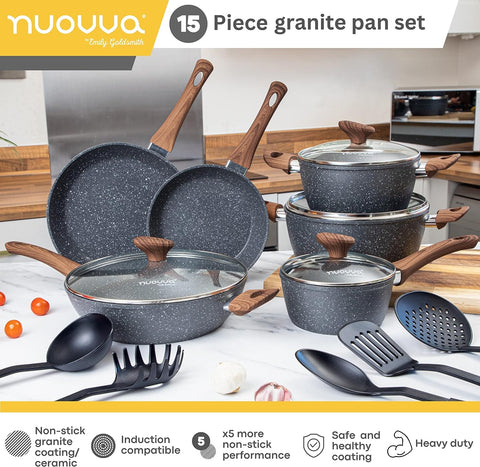 Image of Non Stick Pots and Pans Set – Kitchen Cookware Set with Lid – Induction Hob Pots Set – 15Pc Non Stick Cooking Set – Cooking Marble Saucepan Pots and Frying Pan – Juego De Ollas Para Cocina – by