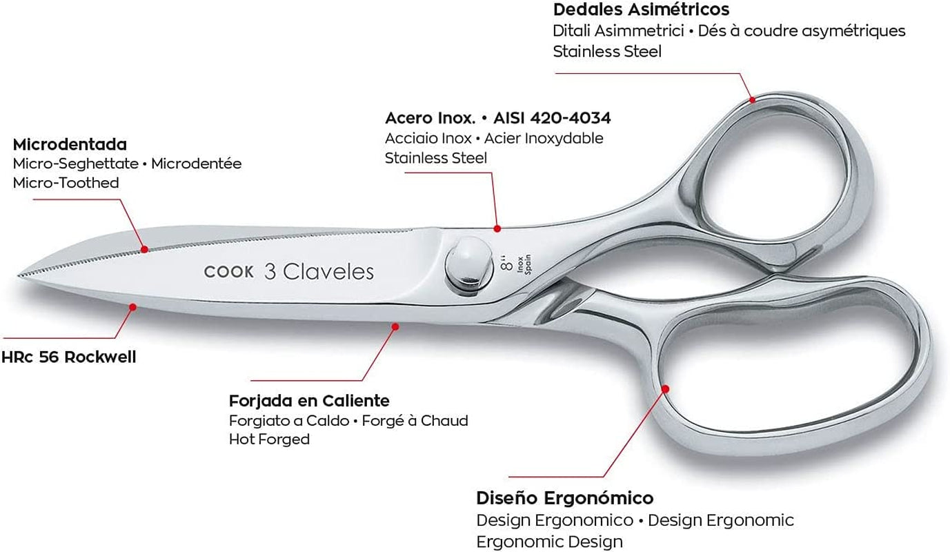 Prof Professional Stainless Steel Cook'S Scissors Line Cook for Meat Fish, Gloss, Chicken Hunting Pizza Microserrated Edge Kitchen Accessories 8" - 20 Cm