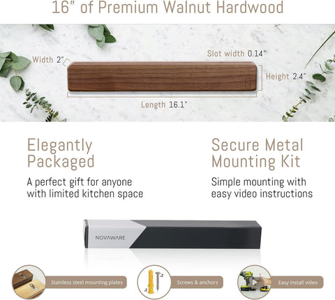 Image of Walnut 16 Inch Magnetic Knife Holder for Wall with Double Storage & Charming Wood - Knife Magnetic Strip, Knife Magnet, Magnet Knife Holder Strip, Magnetic Knife Strip, Knife Rack Kitchen Knife Holder