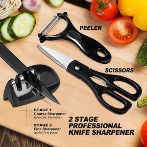 18Pc Kitchen Knife Set with Block, Super Sharp Black Knife Set, Versatile Chef Knife Set with Knife Sharpener & Peeler, Stainless Steel Knives for Kitchen, 6 Steak Knives Included