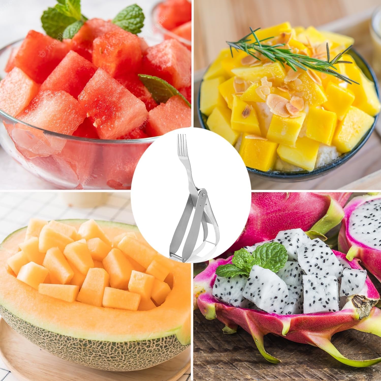 Watermelon Slicer Cutter, 2 in 1 Watermelon Fork Slicer Cutter Melon Slicer, Portable Stainless Steel Watermelon Cutter Slicer Tool Fruit Forks Slicer for Home Party Camping Kitchen Gadget