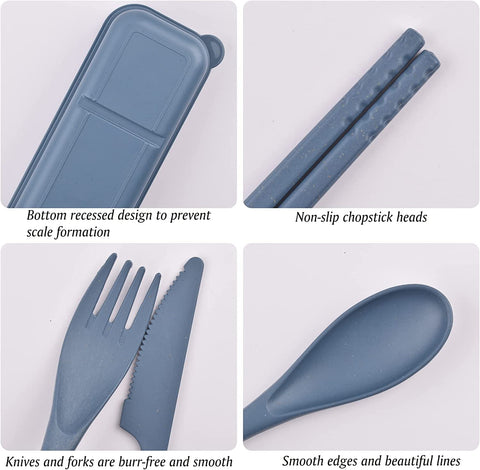 Image of Reusable Utensils Set with Case, 4 Sets Wheat Straw Travel Cutlery Set, Portable Spoon Knife Fork Chopsticks Lunch Box Utensil Set for Kids Adults