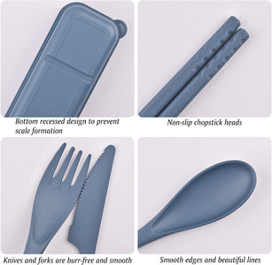 Reusable Utensils Set with Case, 4 Sets Wheat Straw Travel Cutlery Set, Portable Spoon Knife Fork Chopsticks Lunch Box Utensil Set for Kids Adults