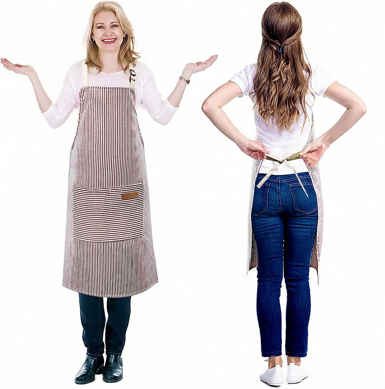 2 Pack Apron, Cotton Cooking Kitchen Aprons, Adjustable Bib Apron with 2 Pockets for Men Women Chef Aprons,(Black/Brown Stripes)