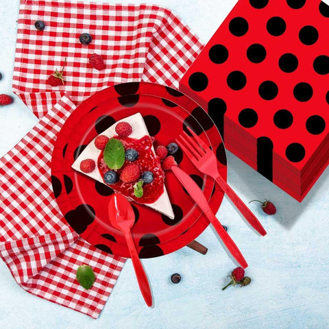 Image of 149Pcs Ladybug Decorations Party Supplies - Ladybug Party Tableware Plates Napkins Knives Forks Spoons, Banner, Red Black Dots Balloons, Tablecloth for Girls Boys Kids Birthday Decorations Serves 20