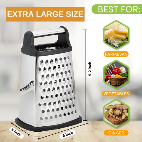 Image of Professional Cheese Grater - Stainless Steel, XL Size, 4 Sides - Perfect Box Grater for Parmesan Cheese, Vegetables, Ginger - Dishwasher Safe - Black