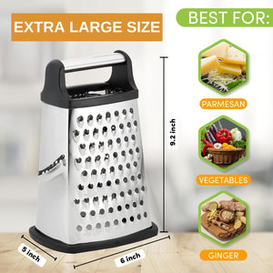 Professional Cheese Grater - Stainless Steel, XL Size, 4 Sides - Perfect Box Grater for Parmesan Cheese, Vegetables, Ginger - Dishwasher Safe - Black