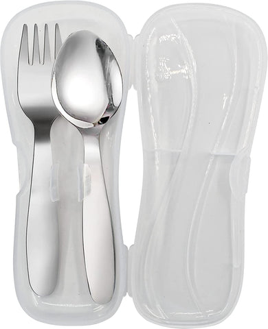 2 Pieces Children Fork Spoon Set with Travel Case for Lunch Box, 18/8 Stainless Steel Kids Silverware Flatware Set Kids Utensil Set for School, 5.9In (Fork Spoon)