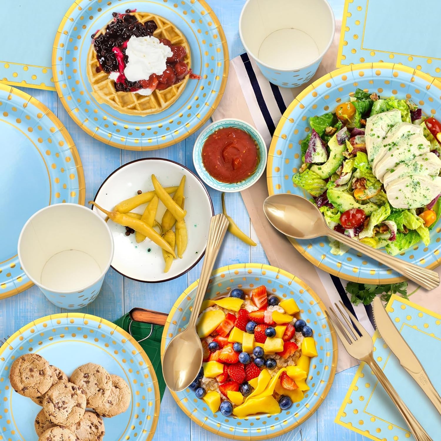 Blue Gold Paper Party Supplies,350Pcs Golden Dot Paper Tableware Serve 50,Include Paper Plates,Napkins,Cups,Forks,Knives,Spoons,For Baby Shower,Boys Birthday,Anniversary
