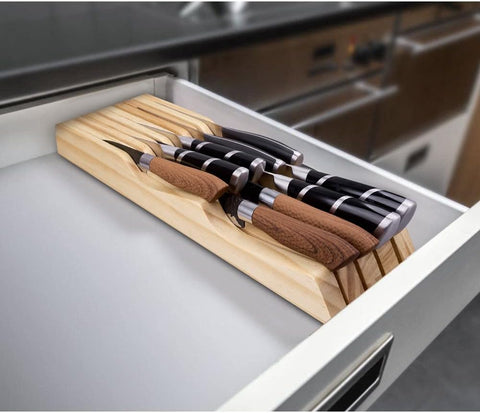 Image of Kitchen Knife Holder for Drawer Solid Wood Universal Knife Block without Knives,Bamboo Home & Chef Knife In-Drawer Organizer Insert,Premium under Cabinet Knife Storage (9 Knife Holder)