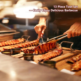 13Pcs Grill Tools Set for Outdoor Grill Heavy Duty Grill Utensils Set Stainless Steel BBQ Grill Accessories Kit Grill Spatula Tong Skewers Stored in Sturdy Cases