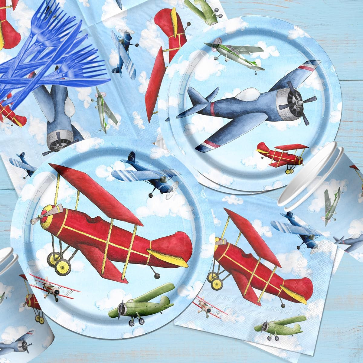 142Pcs Airplane Birthday Party Decorations Airplane Party Tableware Supplies Airplane Blue Sky White Disposable Plates,Tablecloth,Napkins,Cups,Banner Forks and Knives for Kids Favors Serve 20 Guests