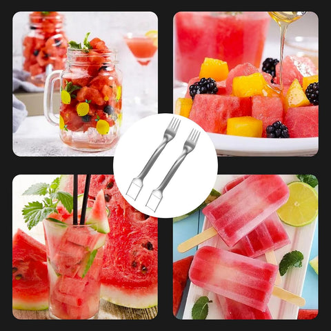 Image of 2 Pcs Watermelon Fork Slicer Cutter, Stainless Steel Watermelon Slicer Cutter 2-In-1 Summer Watermelon Fruit Cutting Fork, for Home Party Camping Kitchen Gadget