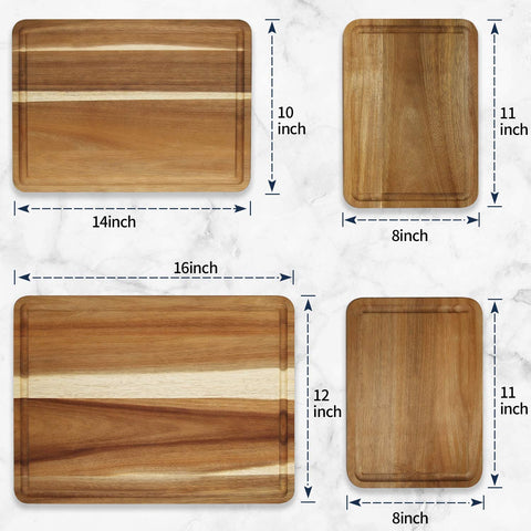 Image of Large Wood Cutting Boards Set of 4 for Kitchen Cheese Charcuterie Board (Gift Box Included) Acacia Butcher Block with Non-Slip Mats, Juice Groove and Handles (16X12, 14X10, Double 11X8 Inch)