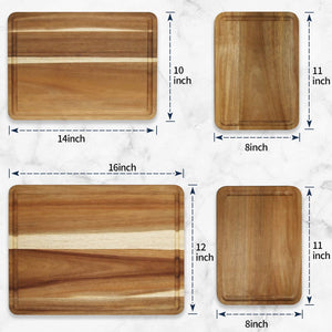 Large Wood Cutting Boards Set of 4 for Kitchen Cheese Charcuterie Board (Gift Box Included) Acacia Butcher Block with Non-Slip Mats, Juice Groove and Handles (16X12, 14X10, Double 11X8 Inch)