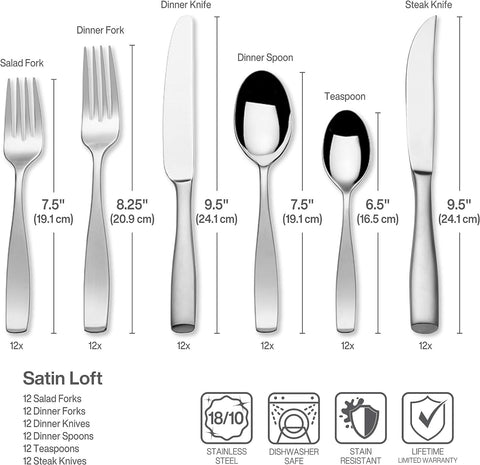 Image of Satin Loft 75-Piece 18/10 Stainless Steel Flatware Set with Serving Utensil Set, Service for 12