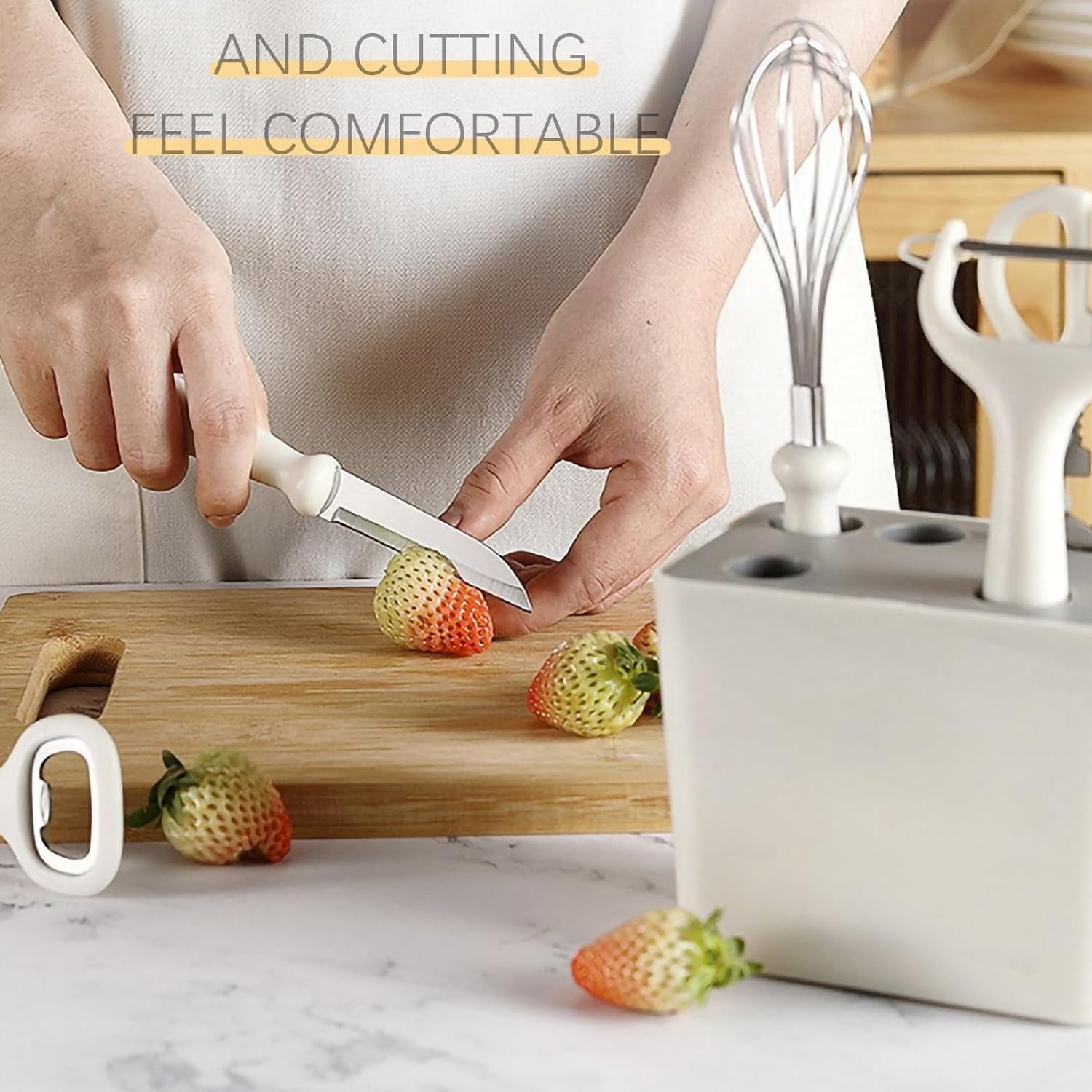 6-Pieces Kitchen Pre-Cooking Tool Set Including Storage Case, Scissors, Bottle Opener, Fruit Peeler, Fuit Knife, Ballon Whisk, Space Saving Kitchen Gadget Set with Holder, Housewarming Gift