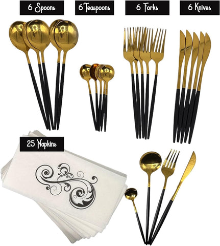 Image of 24 Pieces Premium Stainless Steel Black and Gold Cutlery Set for 6, 25 Pieces of Napkin Included, Elegant Silverware Set and Dishwasher Safe