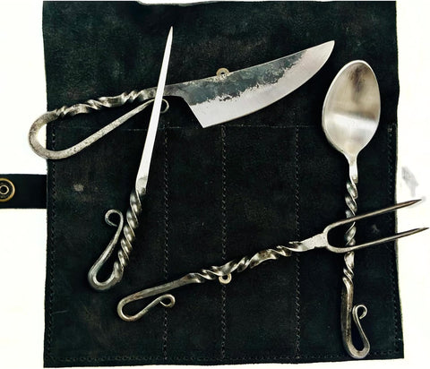 Image of Handmade Medieval Eating Set | Hand Forged Twisted Viking Medieval Eating Utensil Set of 4 Pcs | Functional Knife Fork Spoon and Food Stick Flatware Set with Leather Pouch