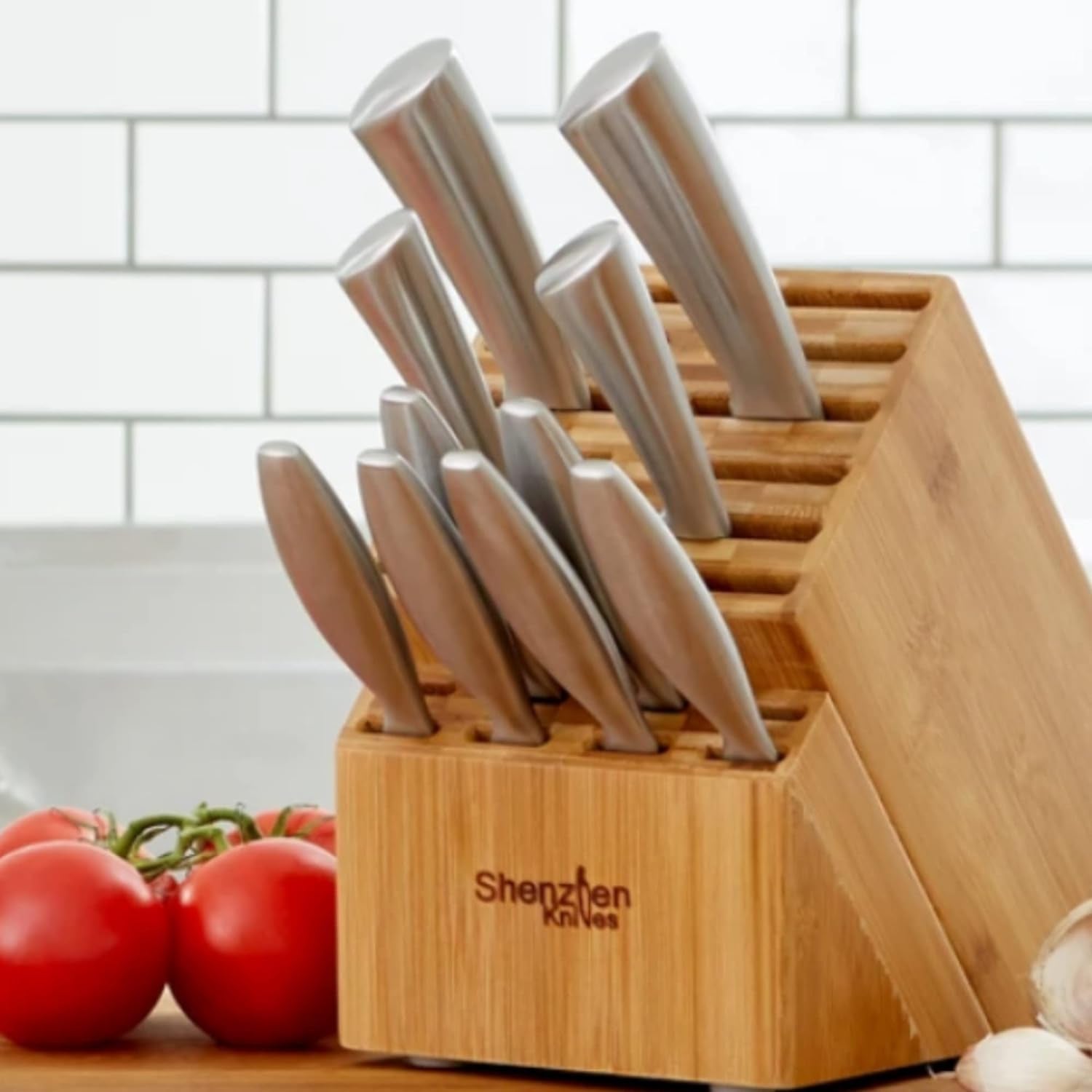 20 Slot Universal Knife Block:  X-Large Bamboo Wood Knife Block without Knives - Countertop Butcher Block Knife Holder and Organizer with Wide Slots for Easy Kitchen Knife Storage
