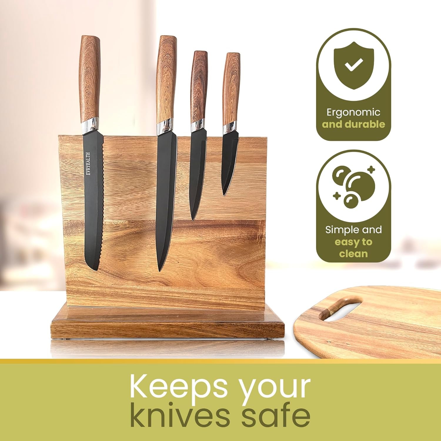 - Magnetic Knife Block + Cutting Board for Kitchen | Magnetic Knife Holder with Strong Enhanced Magnets, Knife Block without Knives, 3 Rows of Magnetic Strips, Knife Holder | Set 2 in 1