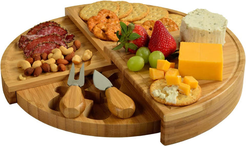 Image of Patented Bamboo Cheese Board/Charcuterie Serving Platter - Stores as a Compact Wedge- Opens to 13" Diameter - Designed & Quality Checked in USA