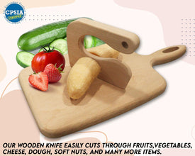 Wooden Kids Chopper Set Cutting Board and Safe Wooden Kids Knife Natural Thick Montessori Knife for Kids Toddlers Kitchen Tools Vegetable and Fruit Cutter Cooking 2Pcs