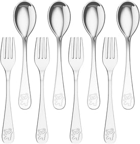 8 Pieces Stainless Steel Kids Silverware Set, Child and Toddler Safe Flatware - 4Pcs Forks and 4Pcs Spoon, Cute Flatware Sets for Self Feeding Safe, Dishwasher Safe