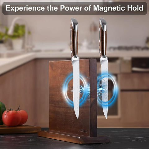 Image of Magnetic Knife Holder -  Double Sided Magnetic Knife Block without Knives - Wooden Universal Knife Stand - Knife Display Rack for Kitchen Counter Multifunctional Storage (Walnut Vertical)