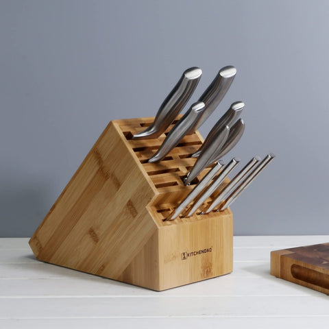 Image of Deluxe 20 Slot Bamboo Knife Block Holder without Knives, Countertop Butcher Block Kitchen Knife Stand, Hold Multiple Large Blade Knives, Wider Slots for Easier Storage