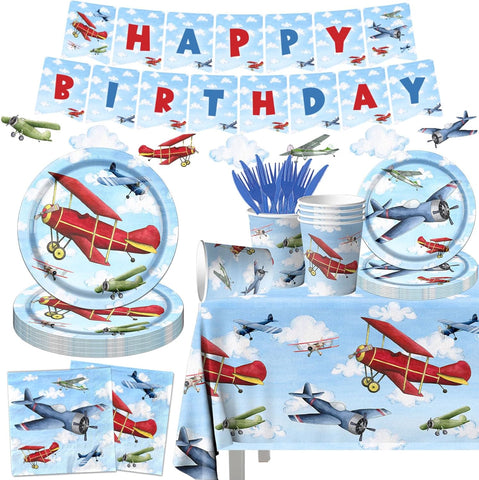 Image of 142Pcs Airplane Birthday Party Decorations Airplane Party Tableware Supplies Airplane Blue Sky White Disposable Plates,Tablecloth,Napkins,Cups,Banner Forks and Knives for Kids Favors Serve 20 Guests