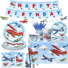 142Pcs Airplane Birthday Party Decorations Airplane Party Tableware Supplies Airplane Blue Sky White Disposable Plates,Tablecloth,Napkins,Cups,Banner Forks and Knives for Kids Favors Serve 20 Guests