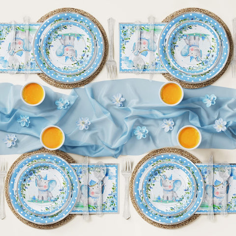 Image of Elephant Baby Shower Decorations for Boy - 175PCS Blue Elephant Party Supplies Disposable Dinnerware (25 Guest) with Paper Plates Cups Napkins Plastic Forks Knives Spoons for Baby Boy Birthday