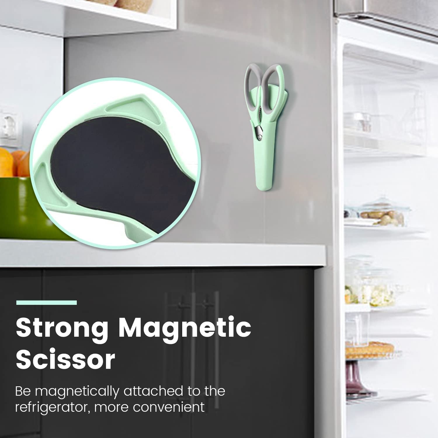 Ultra Sharp Kitchen Scissors with Magnetic Holder, Heavy Duty Kitchen Shears Meat Scissors, Multifunctional Stainless Steel Cooking Poultry Scissors for Household School Picnic(Green)