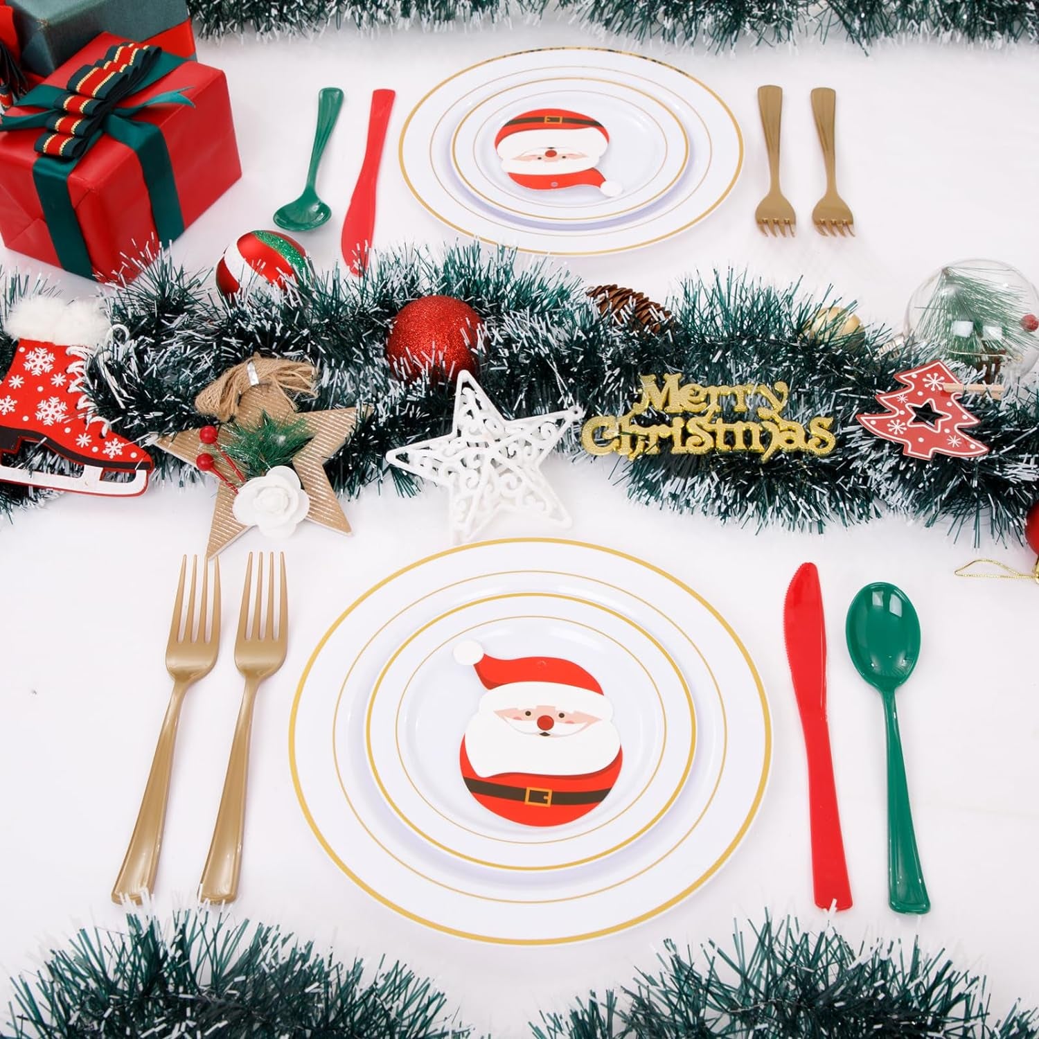 180 Pieces Disposable Plastic Christmas Silverware Cutlery - Plastic Flatware Set 60 Gold Forks, 60 Red Knives and 60 Green Spoons - Heavy Duty Gold Plastic Cutlery - Gold Utensils for Christmas