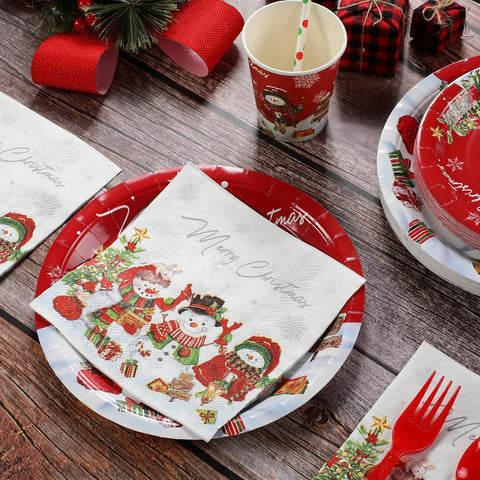 Image of Christmas Snowman Party Supplies, Christmas Snowman Plates and Napkins Set, Disposable Paper Plates Napkins Cups Knives Spoons Forks for Merry Christmas Winter Holiday Party Decorations, Serve 50