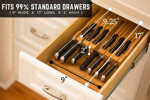 Image of In-Drawer Bamboo Knife Block Holds 12 Knives (Not Included) without Pointing up plus a Slot for Your Knife Sharpener!  Knife Organizer Made from Quality Moso Bamboo