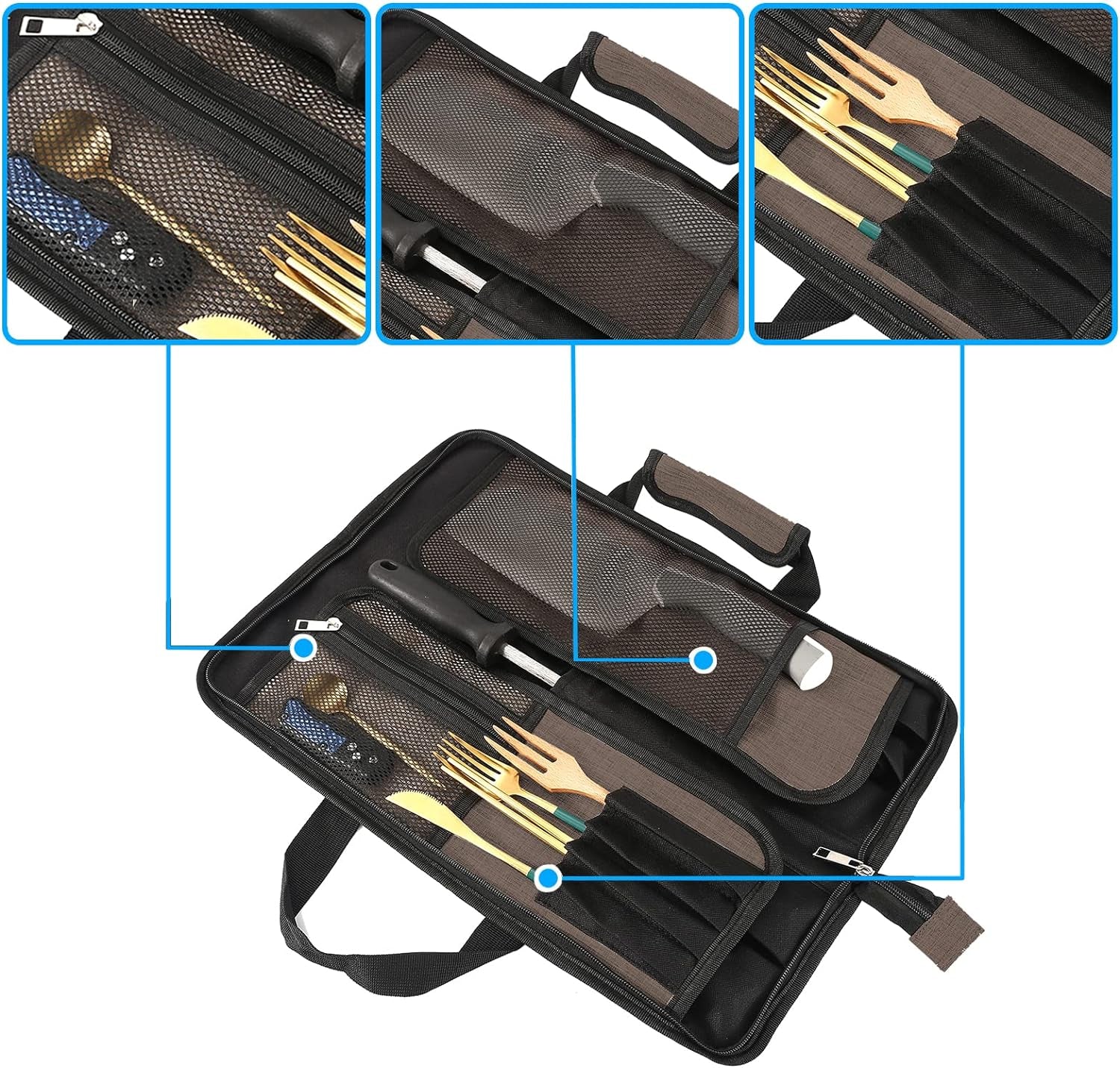 Chef’S Knife Roll Bag, Heavy Duty Oxford Chef Knife Bag, Portable 13 Slots Chef Knife Case, Multi-Function Cutlery Knives Pouch Holder Knife Wrap Wallet Tool Roll (Khaki)