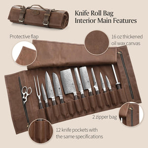 Chef Knife Roll Bag-Professional Chef Knife Case-16Oz Waxed Canvas and Crazy Horse Leather -With 12 Slots plus 2 Zipper Pockets to Hold Kitchen Cooking Tools-Travel Tool Roll Pouch(Bag Only)