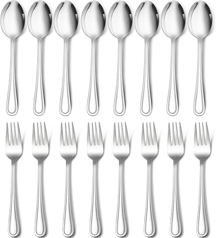 Image of 16-Piece Spoons and Forks Set,  Stainless Steel Slimline 8 Dinner Forks and 8 Dinner Spoons, Modern Metal Silverware Flatware Cutlery for Kitchen and Restaurant, Dishwasher Safe-7.9 Inch