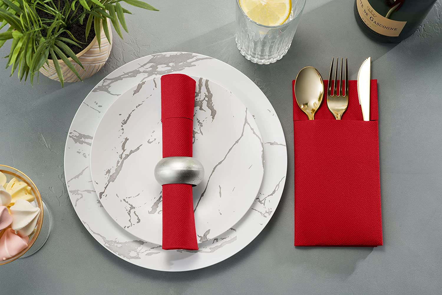 Disposable Linen-Feel Dinner Napkins with Built-In Flatware Pocket, 50-Pack BRIGHT RED Prefolded Cloth like Paper Napkins for Dinner, Wedding or Party [Silverware NOT Included]