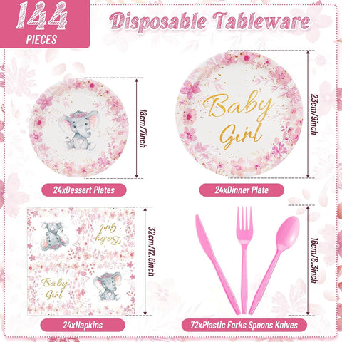 Image of 144 Pcs Elephant Theme Baby Shower Decorations for Boy Girl Party Tableware Set for 24 Guests, Include Paper Baby Shower Plates Napkins Cutlery Plastic Forks Spoons Knives (Pink,Girl)