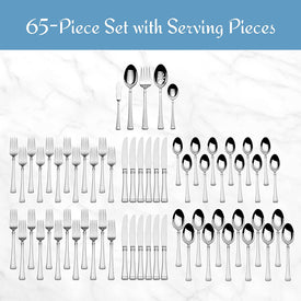 5060761 Harmony 65-Piece 18/10 Stainless Steel Flatware Set with Utensil-Serving Set, Silver