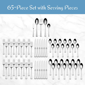 5060761 Harmony 65-Piece 18/10 Stainless Steel Flatware Set with Utensil-Serving Set, Silver