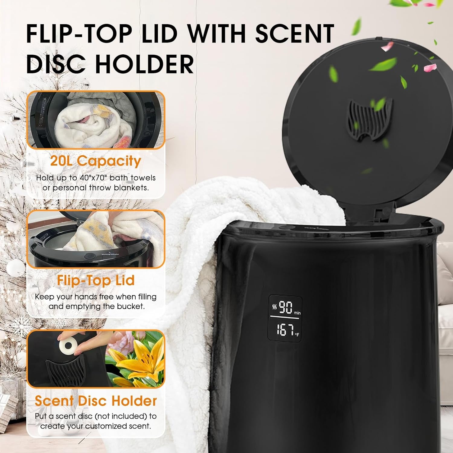 Towel Warmer, Upgraded 20L Capacity Towel Warmers for Bathroom, Luxury Towel Warmer Bucket with Child Safety Lock for Blankets, Bathrobes, Pjs, and More (4 Timer Settings, Auto Shut Off, BLACK)