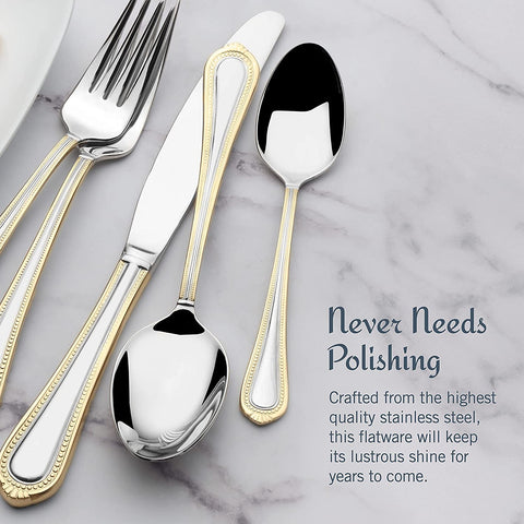 Image of Regent Bead Gold 65-Piece Stainless Steel Flatware Set, Service for 12