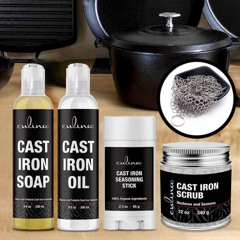 Image of Culina Cast Iron Seasoning Stick & Soap & Oil Conditioner & Restoring Scrub & Stainless Scrubber | All Natural Ingredients | Best for Cleaning, Non-stick Cooking & Restoring | Cast Iron Cookware - LivanaNatural 