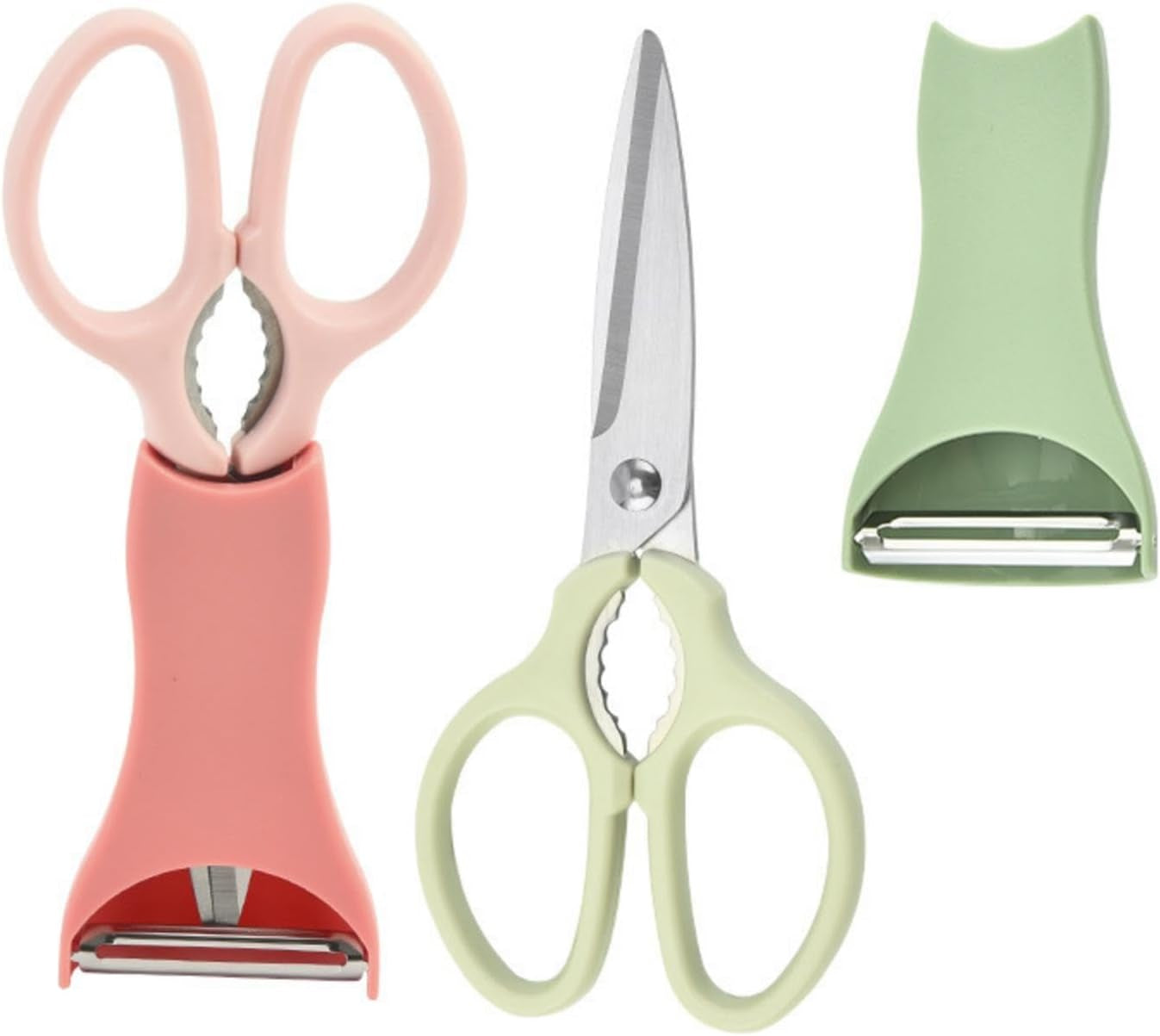 2Pcs Kitchen Scissors and Peeler Set, 3 in 1 Standable Stainless Steel Household Scissors Food Scissors Kitchen Scissors and Melon Planer (1*Green+1*Pink)